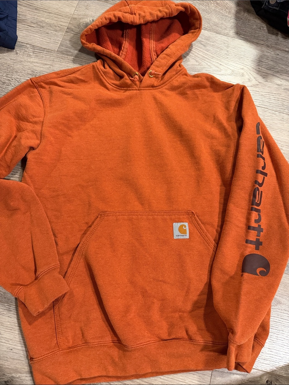 Carhartt Men’s Orange Crewneck Hoodie with Sleeve Logo